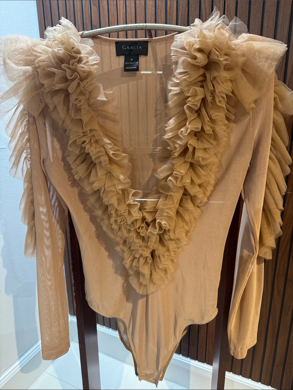 Gracia Tan Ruffle Deep V-Neck Long Sleeve Bodysuit - Picture 3 of 9